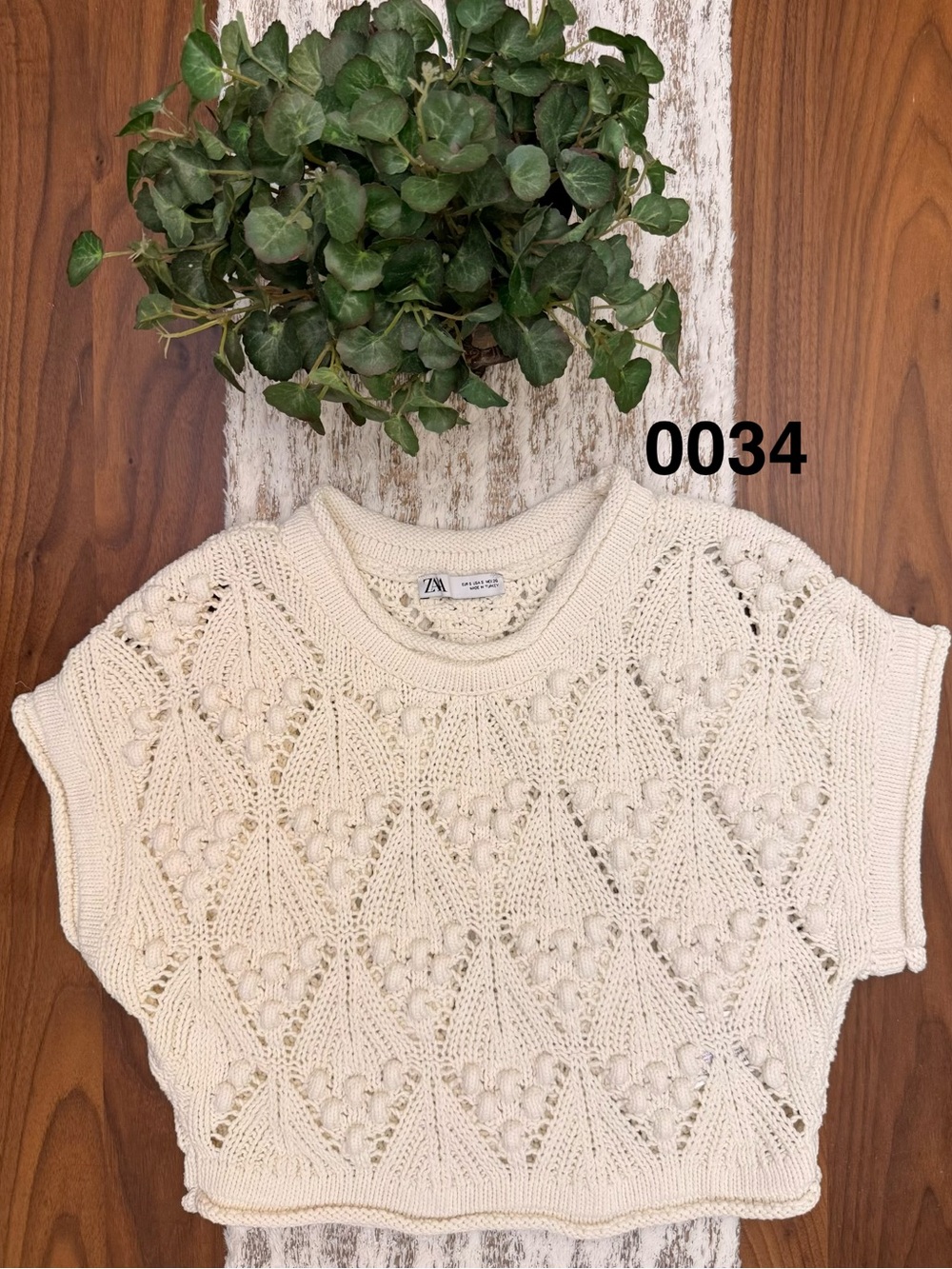 Zara Cream Openwork Cropped Crewneck Sweater